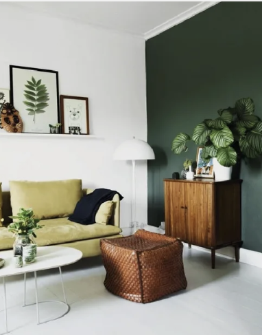 Mur accent salon vert foncé dans une pièce blanche